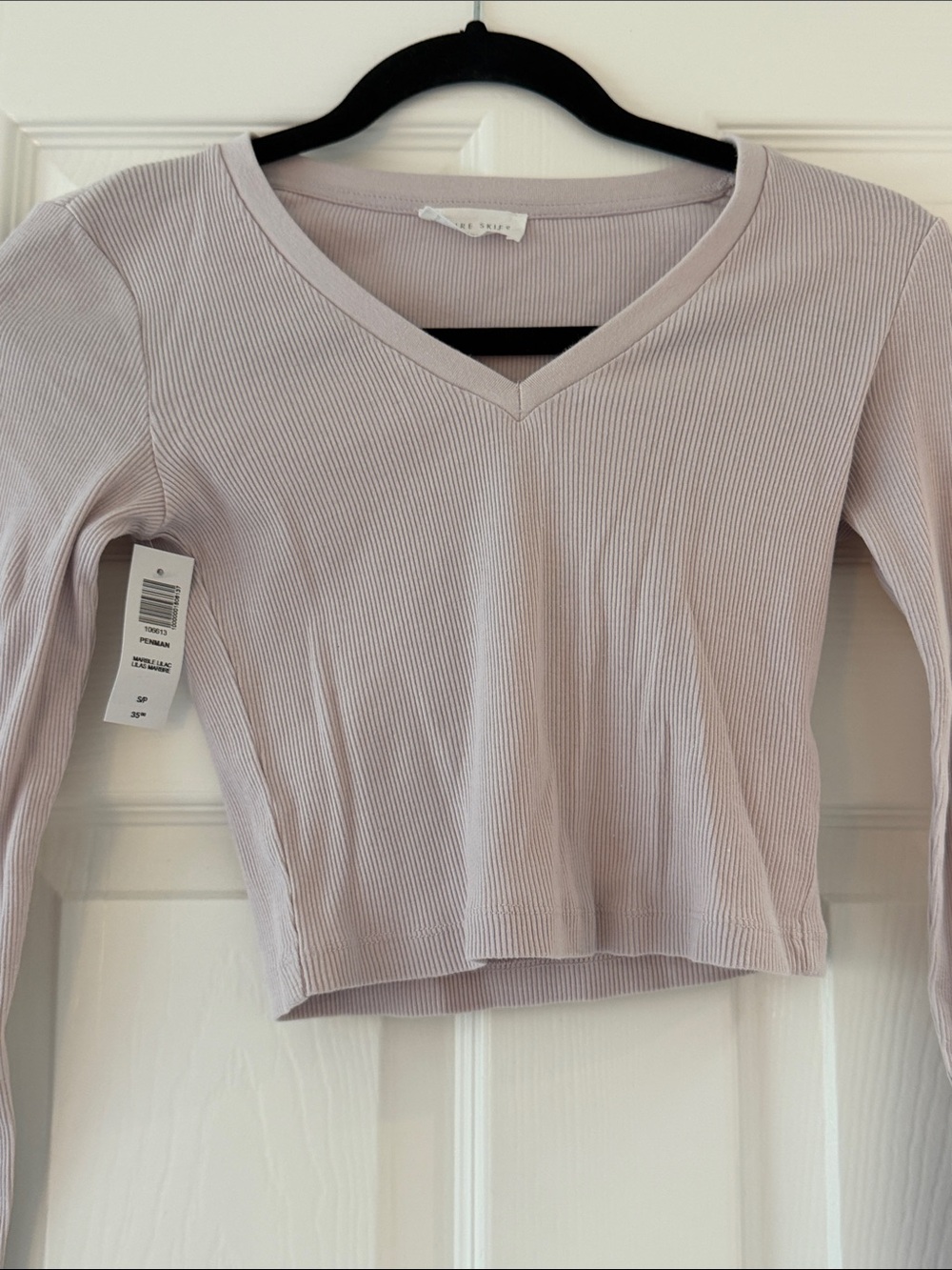 Ribbed V-Neck Long Sleeve Top - Light Mauve